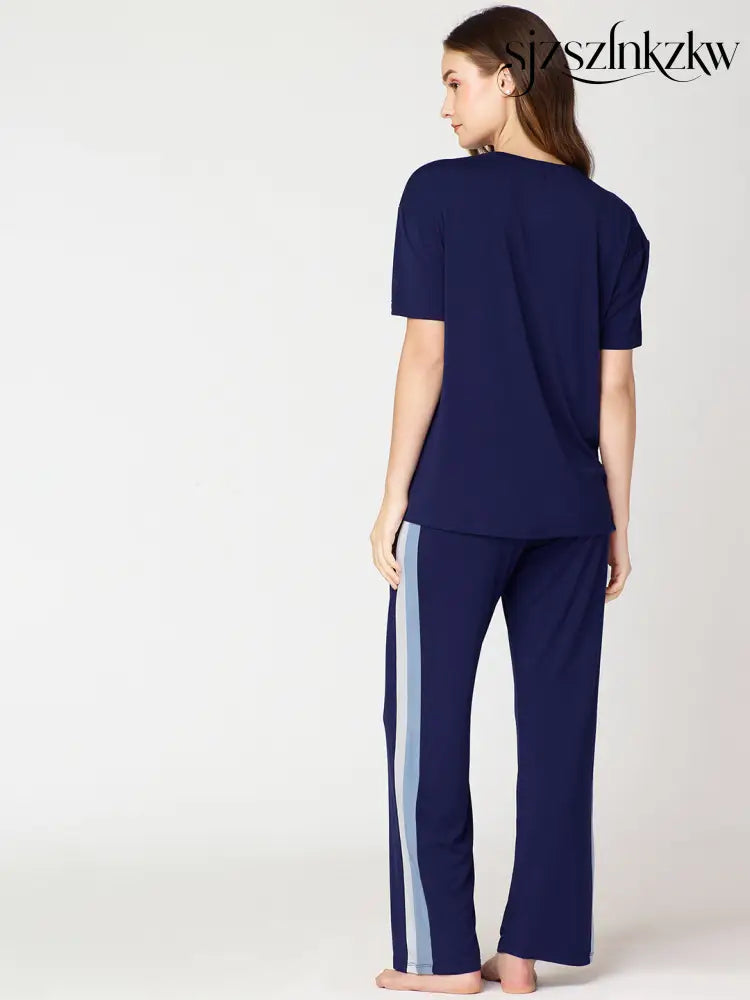 Womens Modal Night Suit Navy Blue Solid Side Stripes Top & Pajama - Top Pajama
