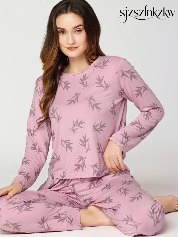 Womens Modal Night Suit Pink Leaf Printed Top & Pajama - Top Pajama
