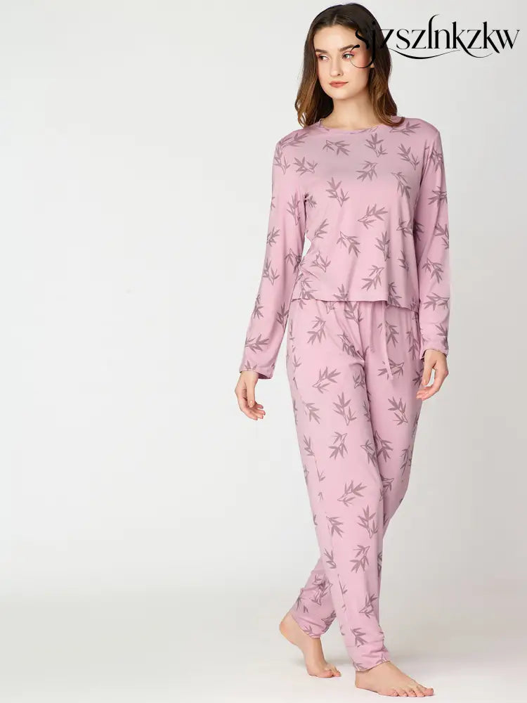 Womens Modal Night Suit Pink Leaf Printed Top & Pajama - Top Pajama