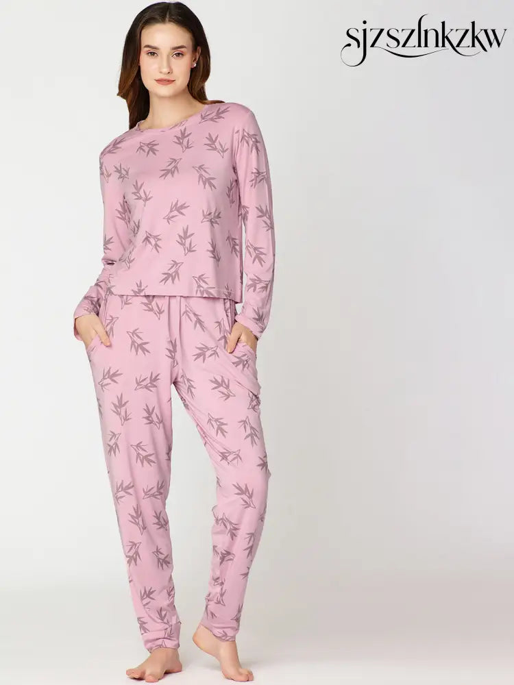 Womens Modal Night Suit Pink Leaf Printed Top & Pajama - Top Pajama