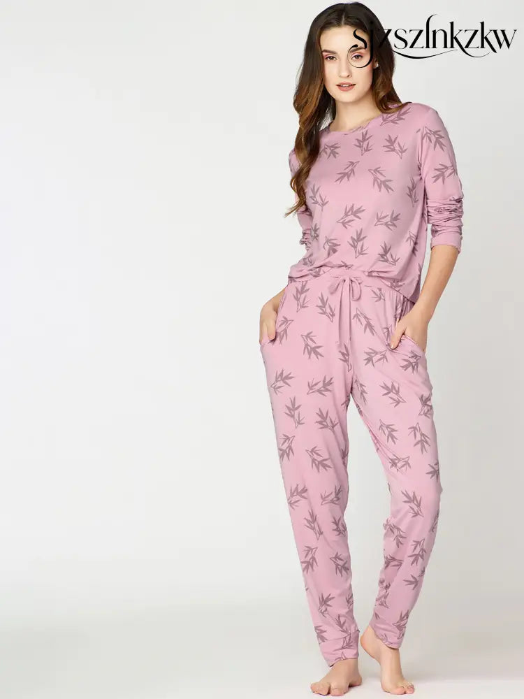 Womens Modal Night Suit Pink Leaf Printed Top & Pajama - Top Pajama