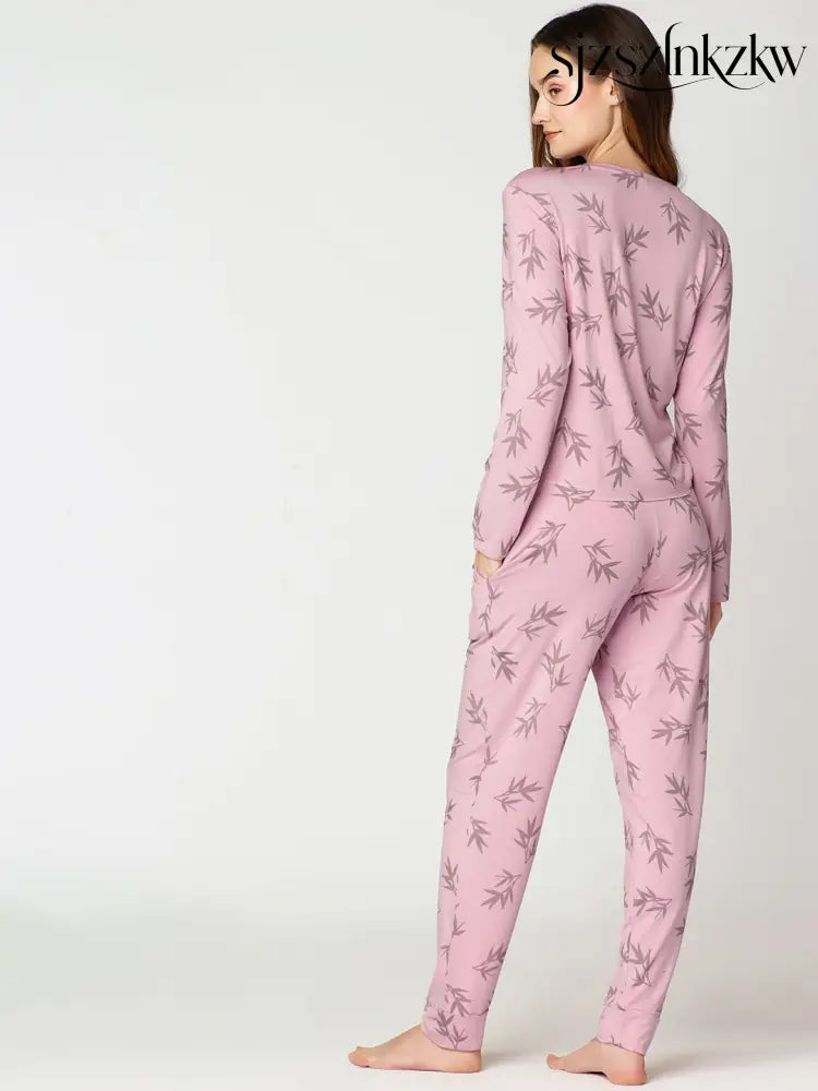 Womens Modal Night Suit Pink Leaf Printed Top & Pajama - Top Pajama