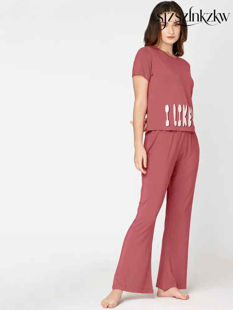 Womens Modal Night Suit Rust Solid CROP Top & Pajama - Top Pajama