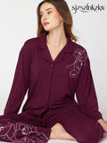 Womens Modal Night Suit Wine Floral Printed Shirt & Pajama - Collar Pajama