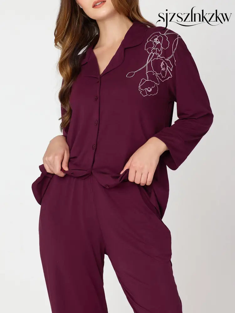 Womens Modal Night Suit Wine Floral Printed Shirt & Pajama - Collar Pajama