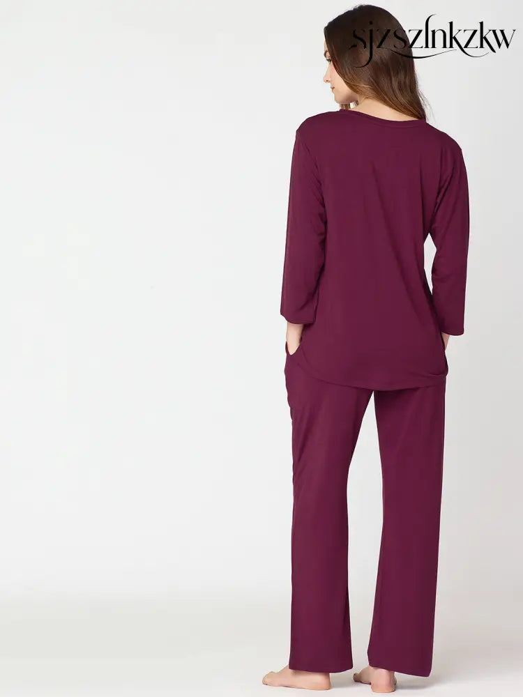 Womens Modal Night Suit Wine Solid Top & Pajama - Top Pajama