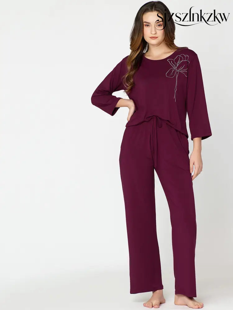 Womens Modal Night Suit Wine Solid Top & Pajama - Top Pajama
