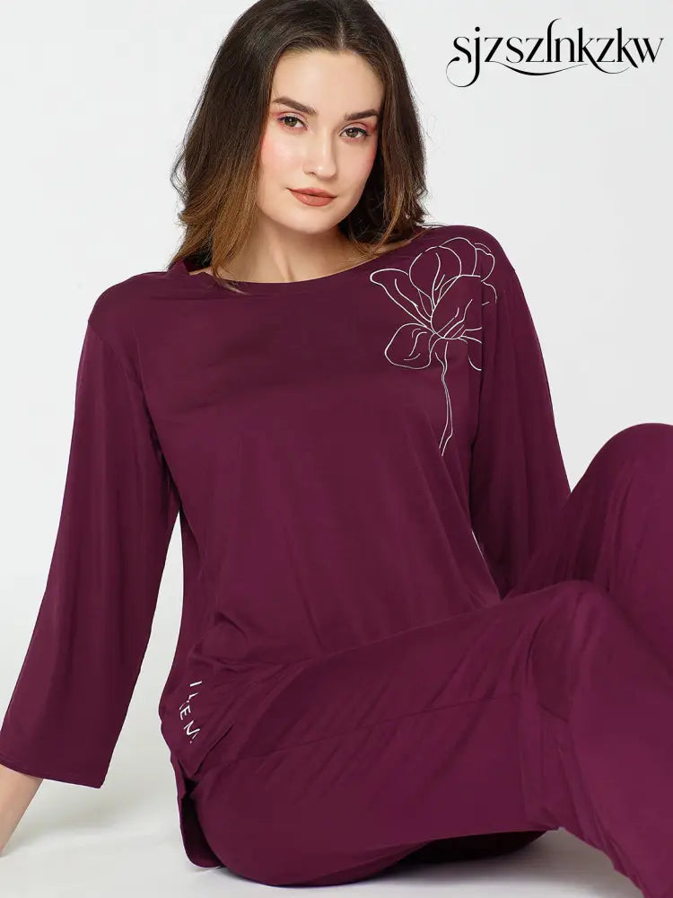 Womens Modal Night Suit Wine Solid Top & Pajama - Top Pajama