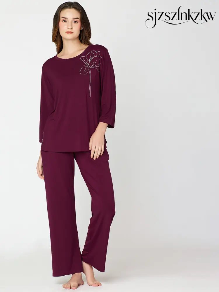 Womens Modal Night Suit Wine Solid Top & Pajama - Top Pajama