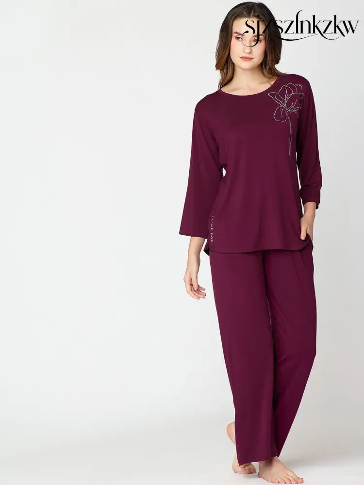Womens Modal Night Suit Wine Solid Top & Pajama - Top Pajama