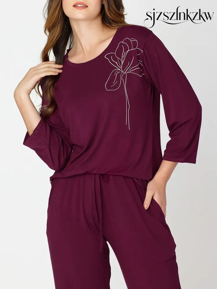 Womens Modal Night Suit Wine Solid Top & Pajama - Top Pajama