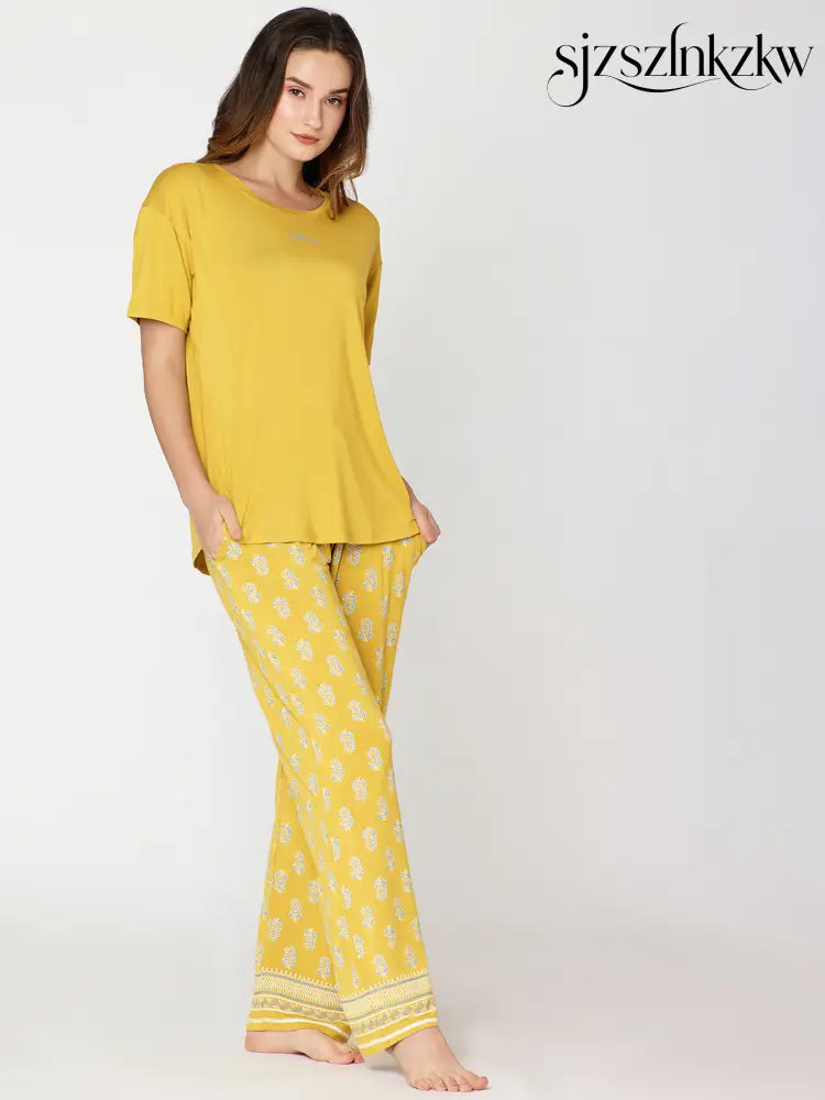 Womens Modal Night Suit Yellow Block Printed Top & Plazo - Top Pajama