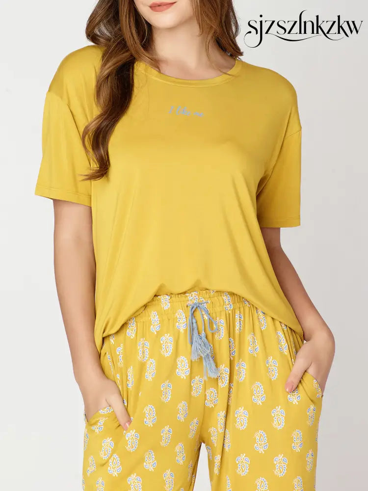 Womens Modal Night Suit Yellow Block Printed Top & Plazo - Top Pajama