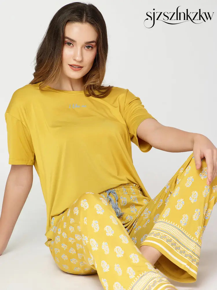 Womens Modal Night Suit Yellow Block Printed Top & Plazo - Top Pajama