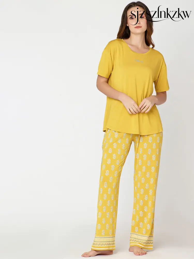Womens Modal Night Suit Yellow Block Printed Top & Plazo - Top Pajama
