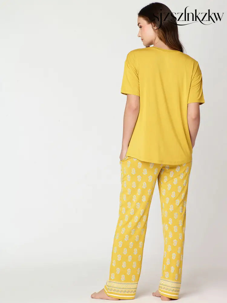 Womens Modal Night Suit Yellow Block Printed Top & Plazo - Top Pajama
