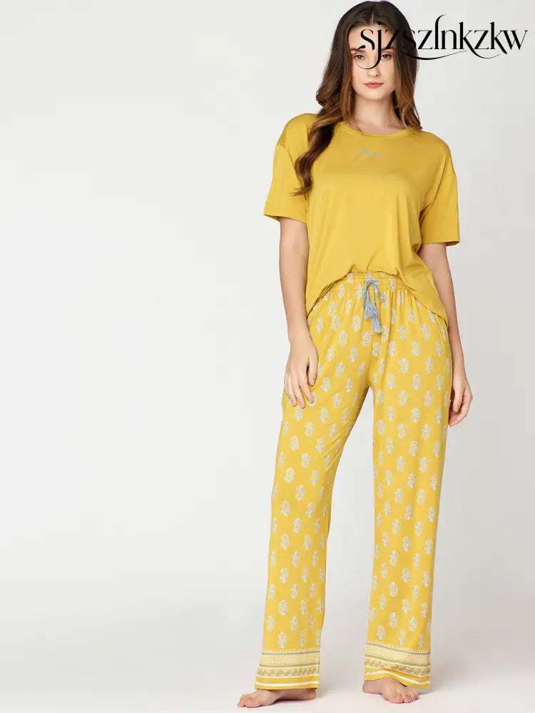 Womens Modal Night Suit Yellow Block Printed Top & Plazo - Top Pajama