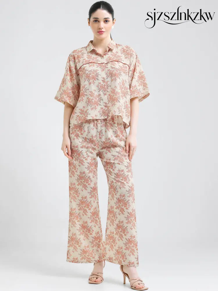 Women’s Peach Floral Linen Co-ord Set - Travel Co-Ord Sets