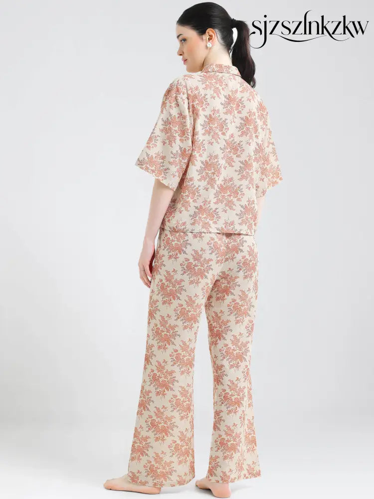 Women’s Peach Floral Linen Co-ord Set - Travel Co-Ord Sets
