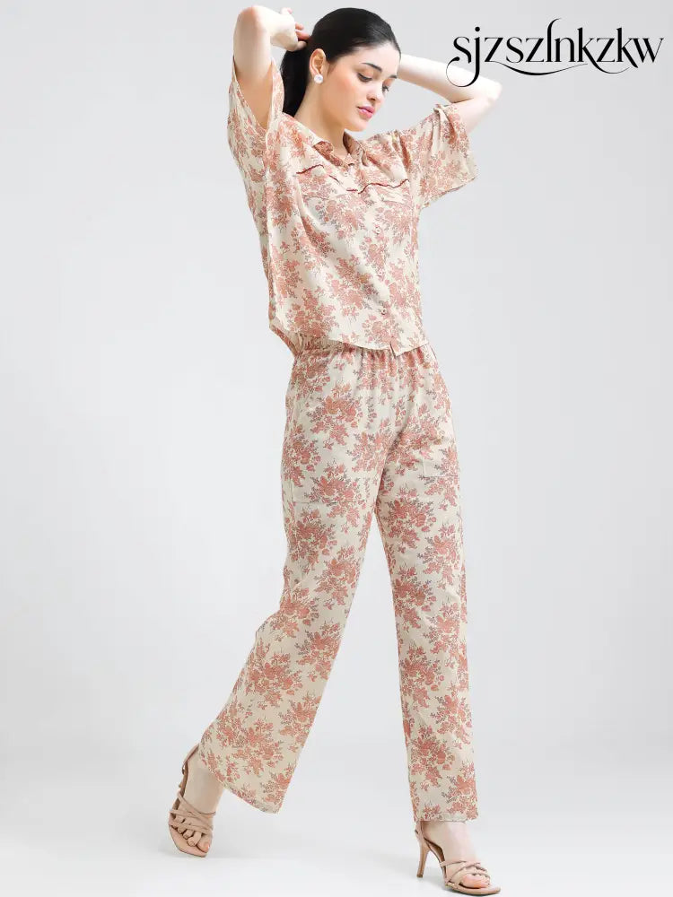 Women’s Peach Floral Linen Co-ord Set - Travel Co-Ord Sets