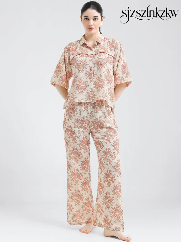 Women’s Peach Floral Linen Co-ord Set - Travel Co-Ord Sets