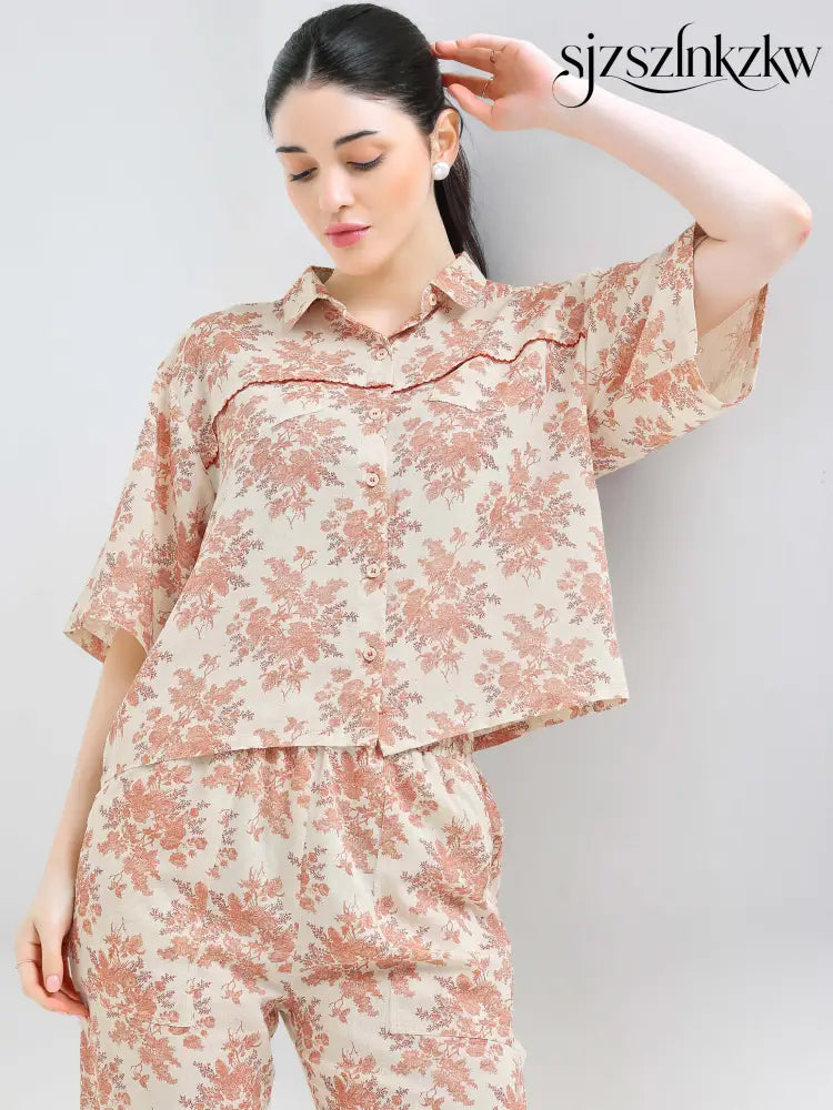 Women’s Peach Floral Linen Co-ord Set - Travel Co-Ord Sets