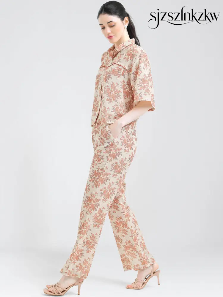 Women’s Peach Floral Linen Co-ord Set - Travel Co-Ord Sets