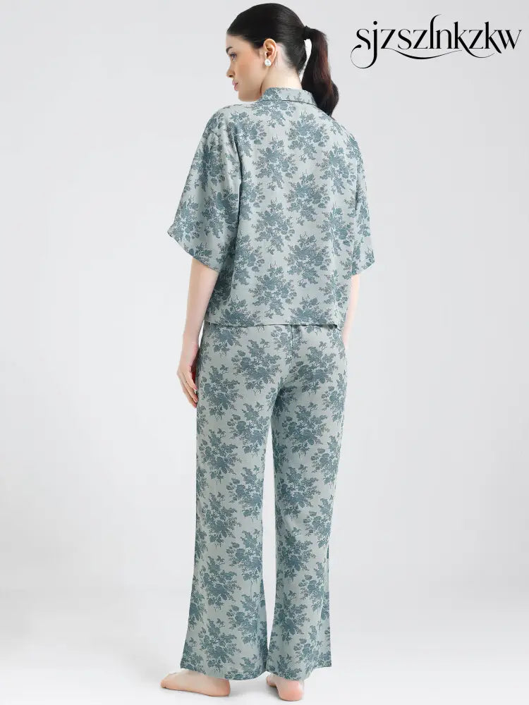 Women’s Sage Blue Floral Linen Co-ord Set - Travel Co-Ord Sets