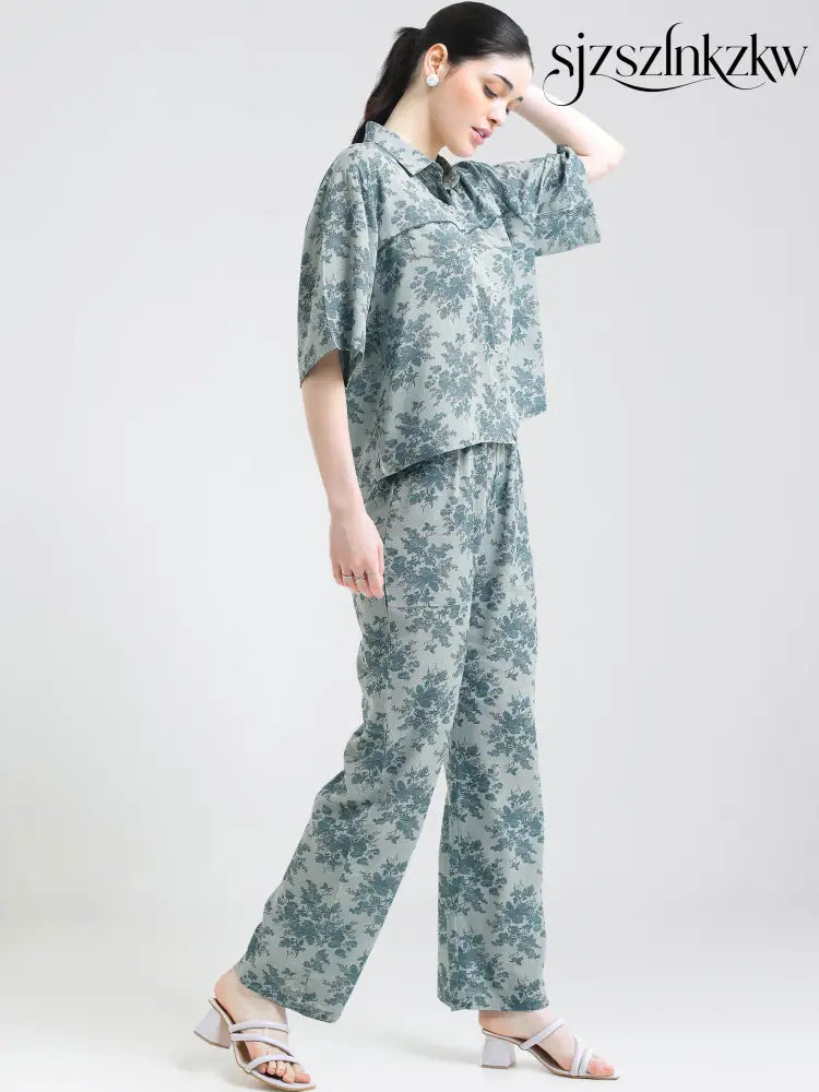 Women’s Sage Blue Floral Linen Co-ord Set - Travel Co-Ord Sets
