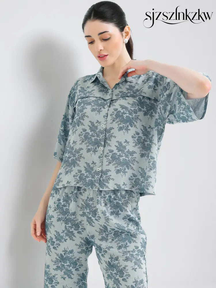 Women’s Sage Blue Floral Linen Co-ord Set - Travel Co-Ord Sets
