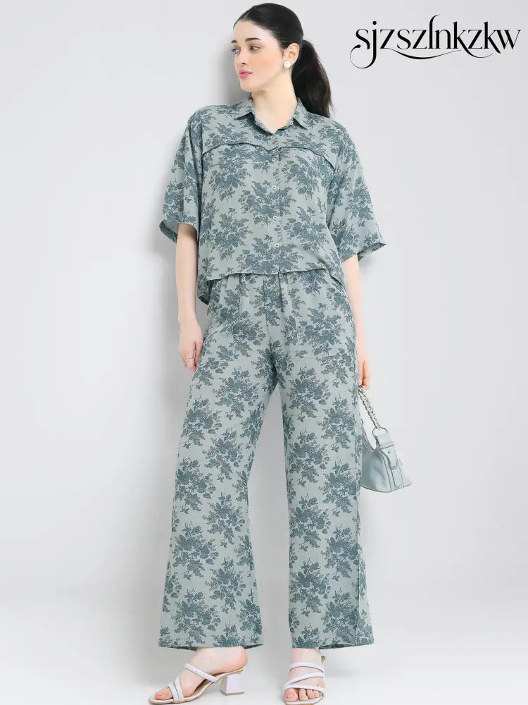 Women’s Sage Blue Floral Linen Co-ord Set - Travel Co-Ord Sets