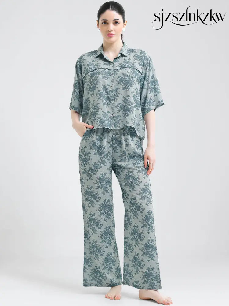 Women’s Sage Blue Floral Linen Co-ord Set - Travel Co-Ord Sets