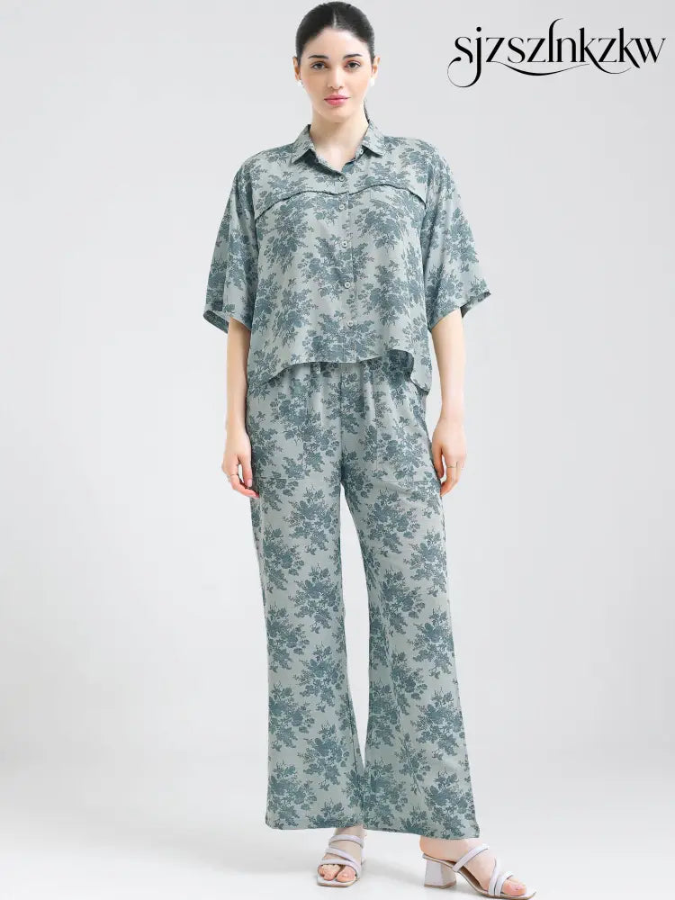 Women’s Sage Blue Floral Linen Co-ord Set - Travel Co-Ord Sets