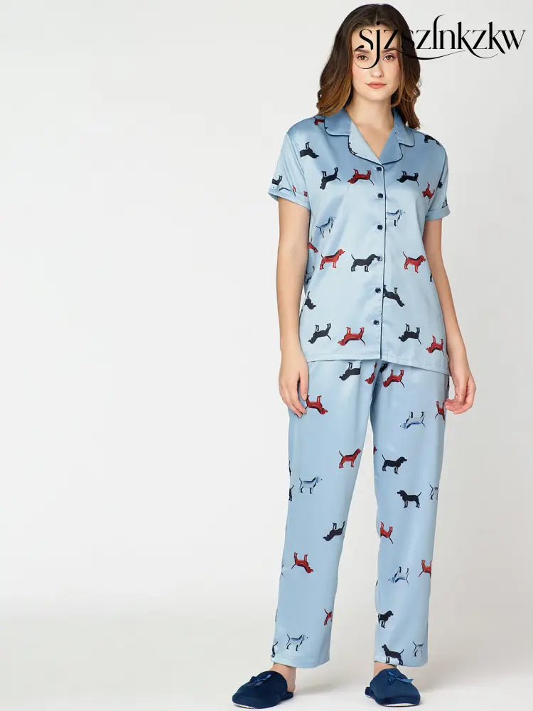 Womens Satin Night Suit Blue Animal Printed Shirt & Pajama - Collar Pajama