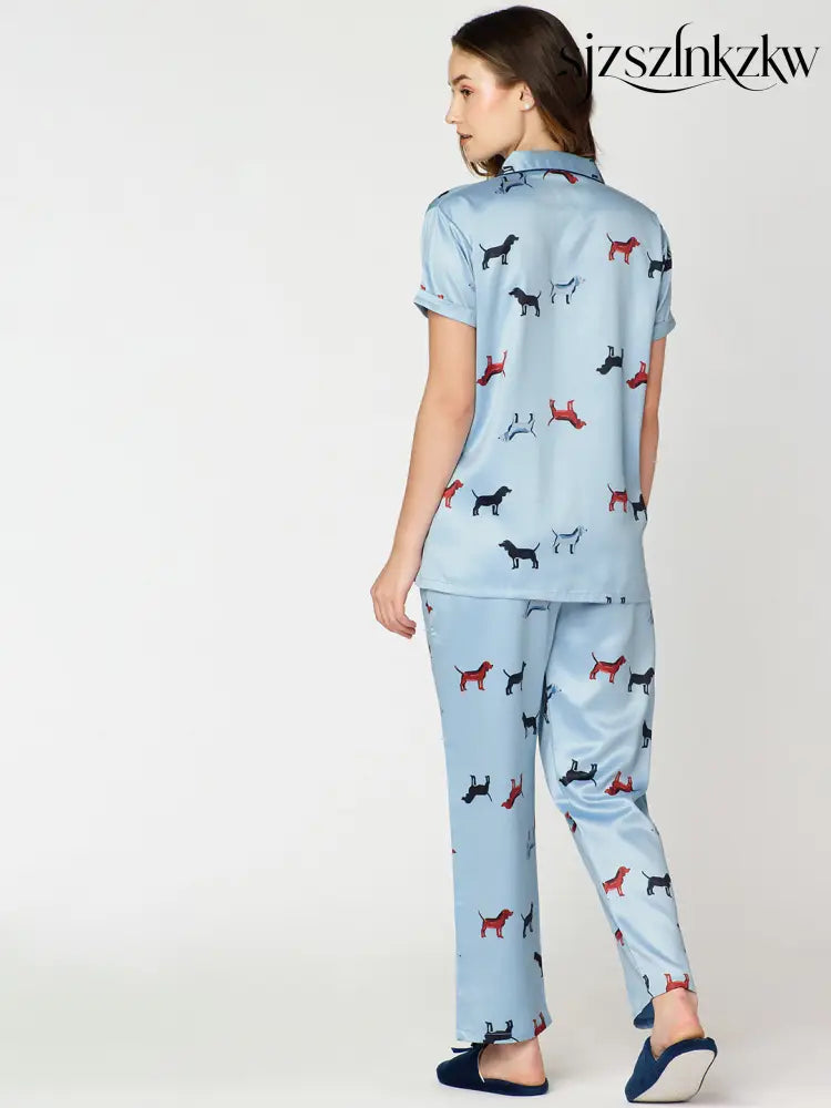 Womens Satin Night Suit Blue Animal Printed Shirt & Pajama - Collar Pajama