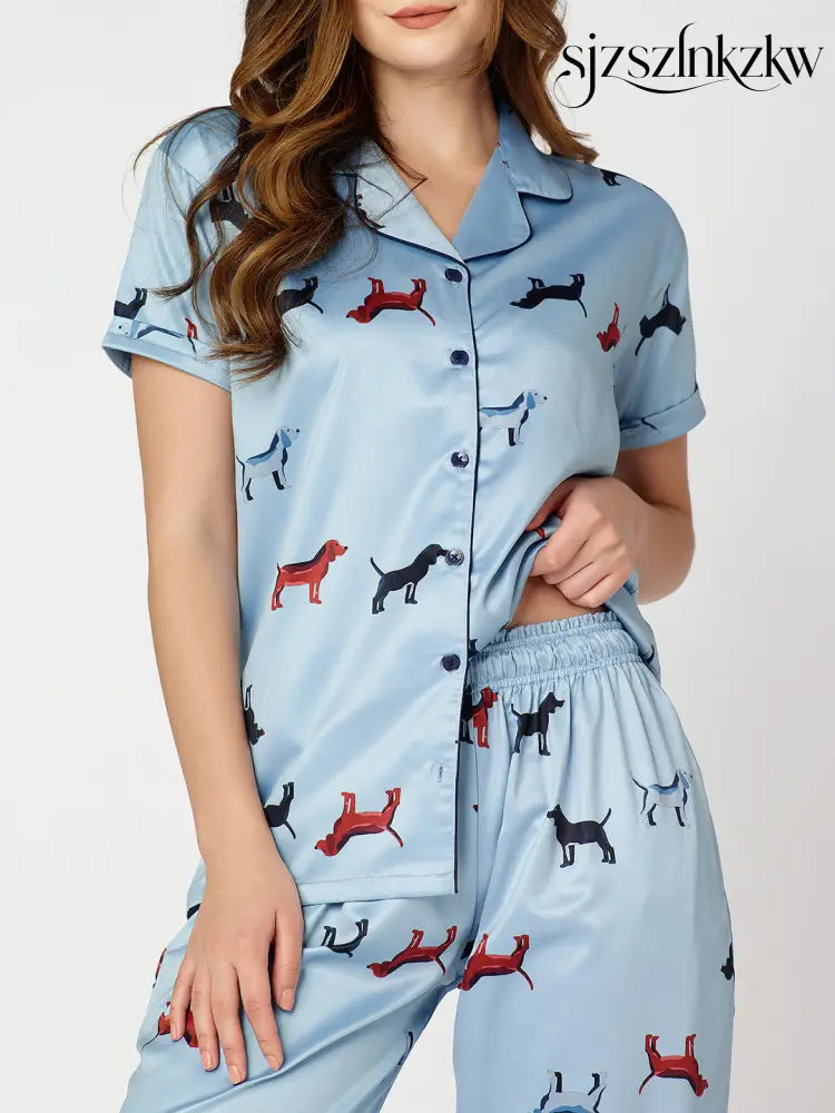 Womens Satin Night Suit Blue Animal Printed Shirt & Pajama - Collar Pajama