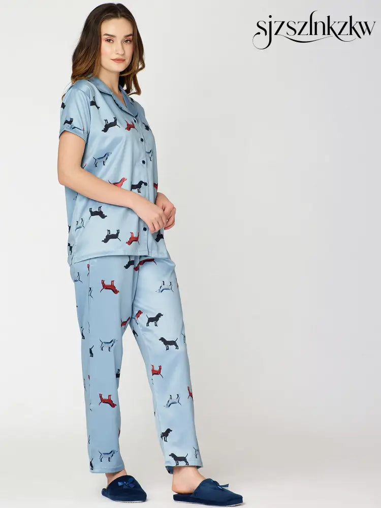 Womens Satin Night Suit Blue Animal Printed Shirt & Pajama - Collar Pajama