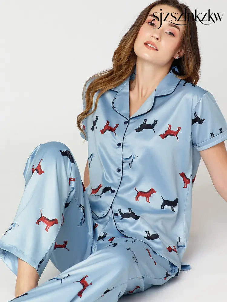 Womens Satin Night Suit Blue Animal Printed Shirt & Pajama - Collar Pajama