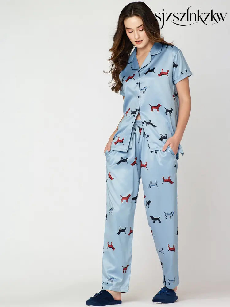 Womens Satin Night Suit Blue Animal Printed Shirt & Pajama - Collar Pajama