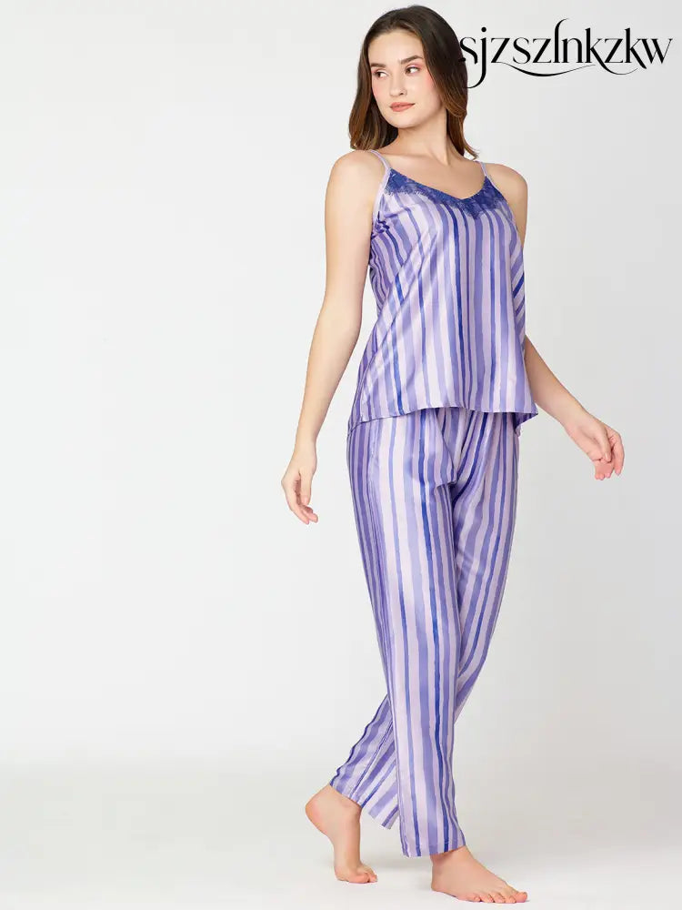 Womens Satin Night Suit Violet Strip Printed Top & Pajama - Top Pajama