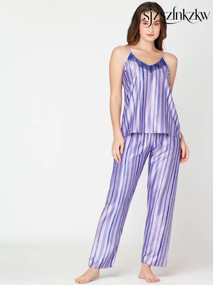 Womens Satin Night Suit Violet Strip Printed Top & Pajama - Top Pajama