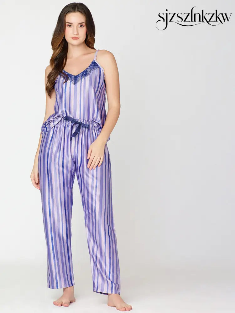 Womens Satin Night Suit Violet Strip Printed Top & Pajama - Top Pajama