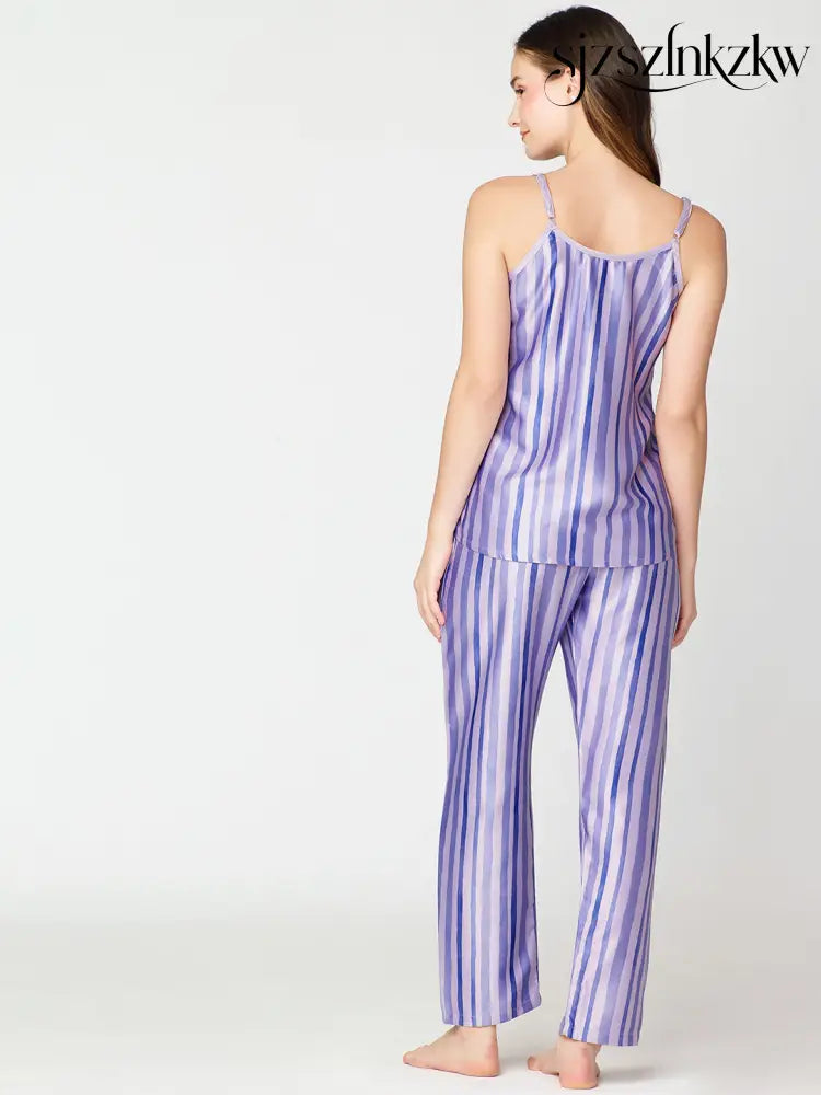Womens Satin Night Suit Violet Strip Printed Top & Pajama - Top Pajama