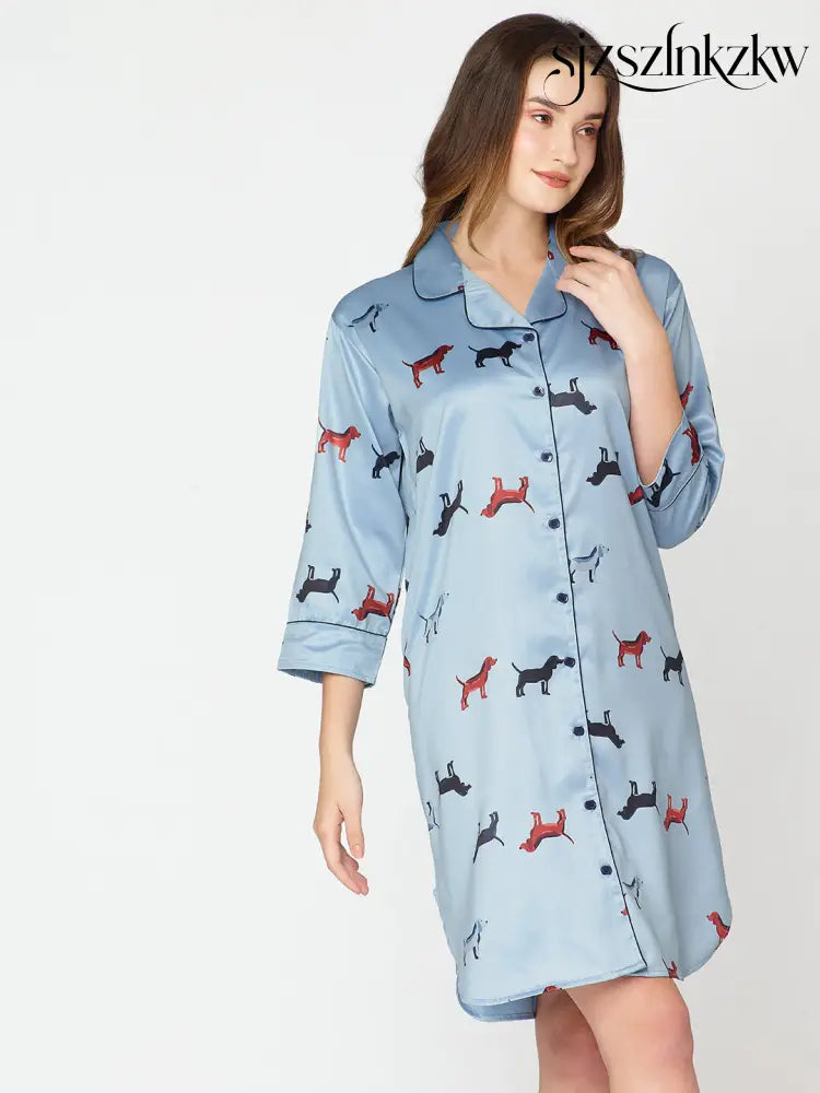 Women’s Satin Nightdress Animal Printed Blue Slipshirt - Shirt Sleeps