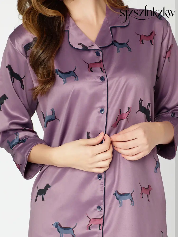 Women’s Satin Nightdress Animal Printed Purple Slipshirt - Shirt Sleeps