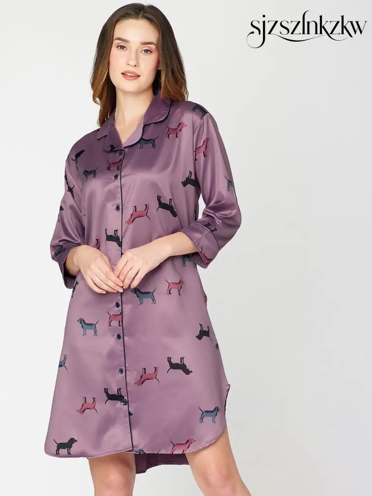 Women’s Satin Nightdress Animal Printed Purple Slipshirt - Shirt Sleeps