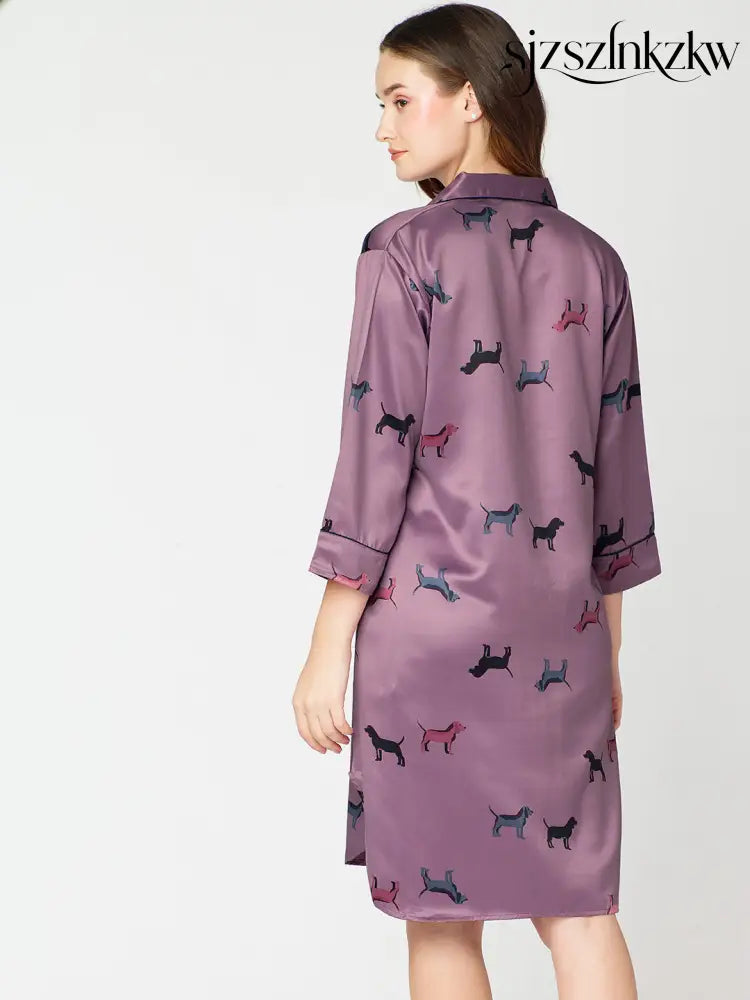 Women’s Satin Nightdress Animal Printed Purple Slipshirt - Shirt Sleeps